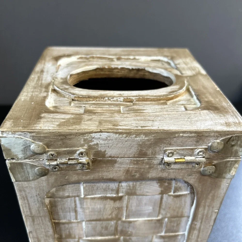 Rustic Cabin Upcycled Wooden Tissue Box Cover Square Facial Holder Hinged Lidded